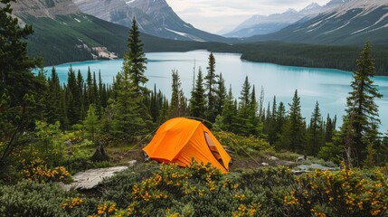 People Camping against a lake and mountain