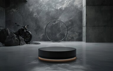 Elegant cylinder black podium pedestal with circle light and black geometric concrete wall, circle ring, and motorbike background. 3d mockup platform for showcasing product