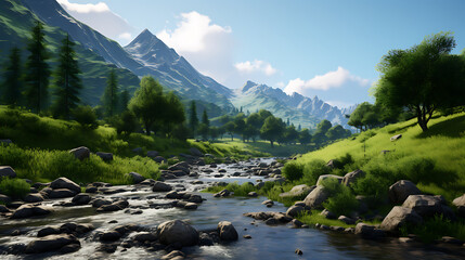 Find stones along a riverbank with a background of lush green mountains.