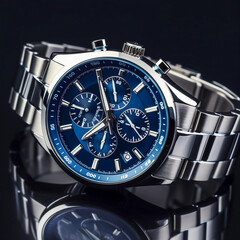 Beautiful luxury fashionable men's silver watch with a blue dial on a dark background, close-up view. Advertising for watch shops. Job ID: f392458c-c307-4e65-b473-ba50aba8666a