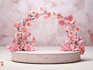 Beautiful podium with pink flowers ornaments with space for your product or inscriptions. 
