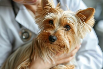 Cropped animal doctor holds by hands  a Yorkshire Terrier dog in a vet clinic. Close up of pet in a clinic. Pet heath care and veterinary concept.
 - obrazy, fototapety, plakaty