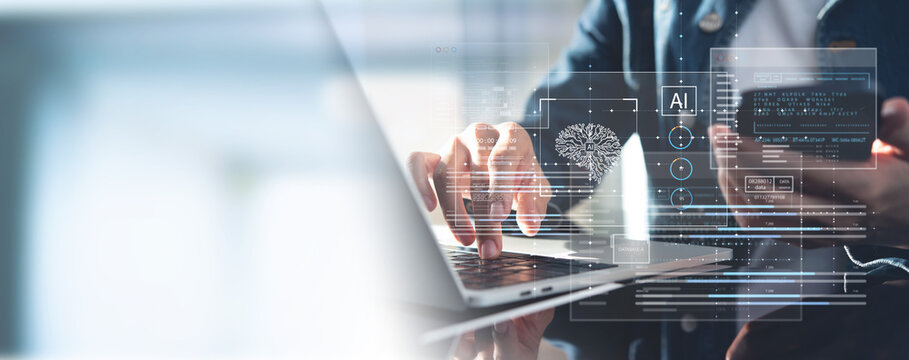 AI Artificial Intelligence. Business woman using AI technology for data analysis, coding computer language with digital brain, machine learning on virtual screen, business intelligence