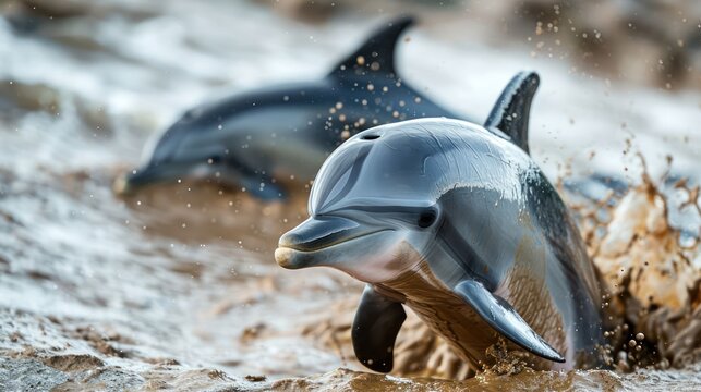 captivating image of playful dolphins engaging in a mud pool, highlighting their playful acrobatics and streamlined forms