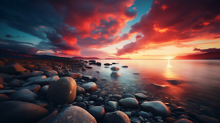 Find stones near the sea with a dramatic sky and vibrant sunset colors.
