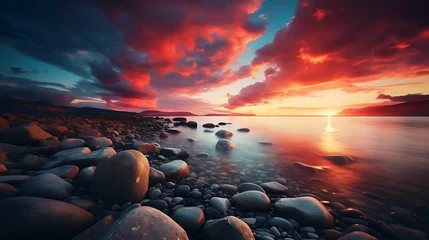 Gordijnen Find stones near the sea with a dramatic sky and vibrant sunset colors. © Muhammad