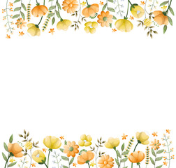 Naklejka na ściany i meble Greeting card template with floral blooming flowers and leaves border. Spring botanical
