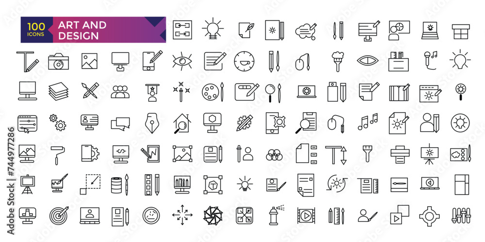 Poster art and design simple set of creativity related vector line icons graphic design tools collection
