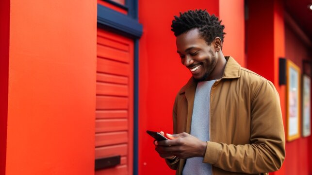 A smiling, happy African-American Man Uses A Smartphone, Types a message, Watch Funny Video jokes near the Red Wall on the street with a copy space. Mobile Applications, Social Networks, New Concepts