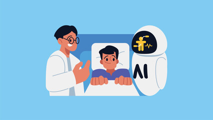 AI Healthcare, Doctor use AI to help analyze Patients Symptoms Flat Vector Illustration