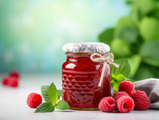 A small jar of homemade sweet raspberry jam with elements of raspberries and green leaves next to it on a light background with space for a logo or text 