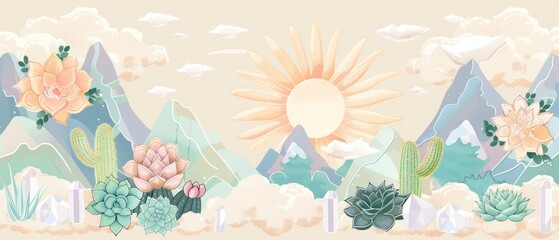 Fototapeta na wymiar Natural Succulents, Cacti, Crystals, and Majestic Mountains Under a Radiant Sun