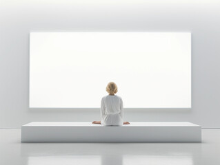 A woman sitting in front of a large white screen or TV with space for text, graphics or logos 