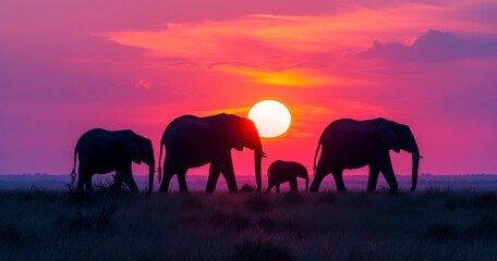 Fototapeta na wymiar Silhouetted Elephants Set Against the Vibrant Hues of Sunset