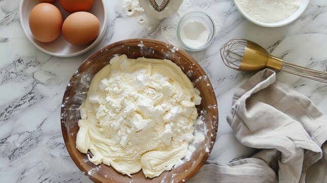The flour in bowl, egg, milk and whip for beating.