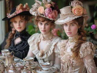 Guests in period attire at a Victorian garden party, enjoying an elegant tea setup amidst spring blooms to celebrate Victoria Day heritage.