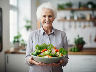 Aged woman smiling happily and holding a healthy vegetable salad bowl on blurred kitchen background, with copy space. 