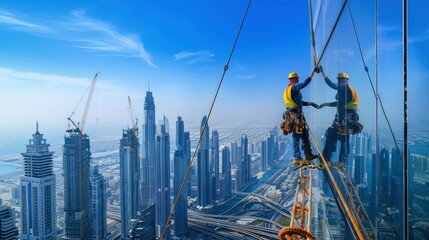 A construction worker in Dubai, UAE, working on a skyscraper, with the citya??s skyline in the background