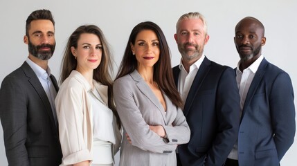 A diverse group of five business professionals in a modern office with a white background. They are all looking directly at the camera with confident smiles