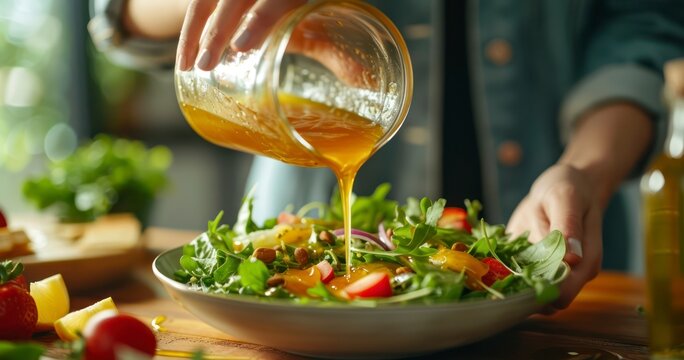Woman Drizzles Honey Mustard Dressing Over Fresh Salad Bowl on Table