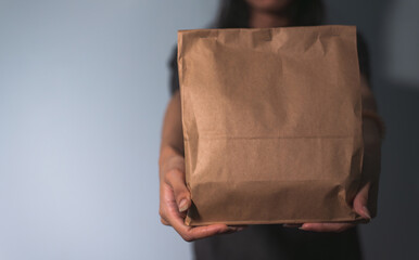 Close-up of unrecognizable person presenting a plain brown paper bag, potential for branding..