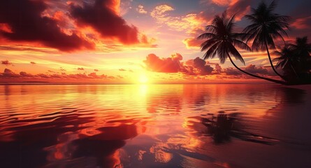 A Breathtaking Illustration of a Coconut Palm and Calm Sea as the Sun Sets