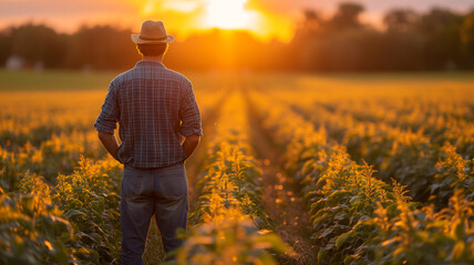 Fototapeta premium Farmer standing at the field at sunset or sunrise