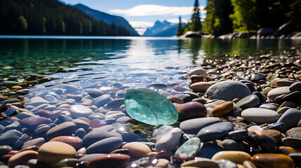 Find stones with unique shapes and patterns near a crystal-clear lake.