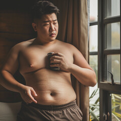 Asian young man touching his fat belly at living home. overweight fat belly. Diet lifestyle, stomach muscle, Fat and Health concept. 