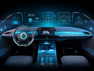 autonomous futuristic car dashboard concept with HUD and hologram screens and infotainment system as wide banner 