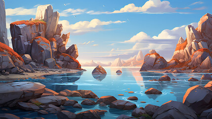 Present an enchanting scene of ocean stones with a backdrop of cliffs.