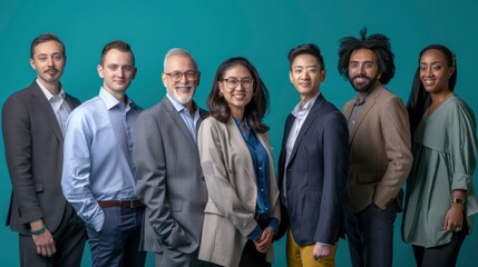 Fototapeta premium A group of seven business professionals in a spacious office with a teal background. They are all looking at the camera with optimistic smiles