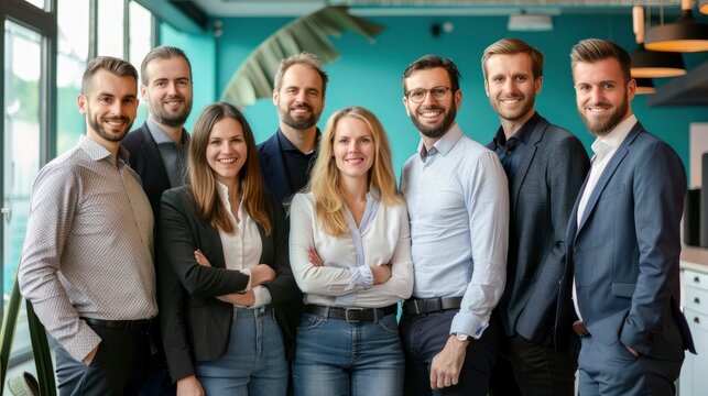 A group of seven business professionals in a spacious office with a teal background. They are all looking at the camera with optimistic smiles