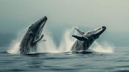 Naklejka premium a pod of whales breaching the surface of the ocean. The splash of the water should create a dynamic image with a soft bokeh effect ,