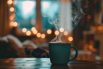 Steaming coffee in a cozy setting, inviting warmth and comfort.