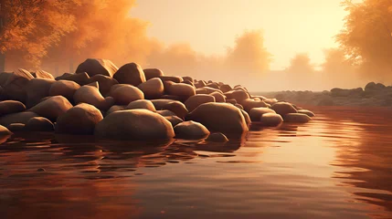 Tuinposter Present an image of stones along a riverbank with a soft, warm glow. © Muhammad