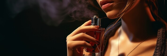 A Gorgeous Young Woman with Her Perfume, Set Against a Dark, Enigmatic Backdrop - obrazy, fototapety, plakaty