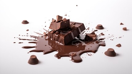 Fototapeta premium Pieces of broken chocolate bar with chocolate drippings Isolated on white background.