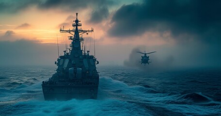 A Majestic Maritime Scene with a Special Forces Destroyer Sailing Under the Watchful Eye of a Distant Chopper