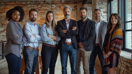 Fototapeta premium A team of seven business people in a rustic brick-walled office. They are all looking at the camera with a sense of accomplishment