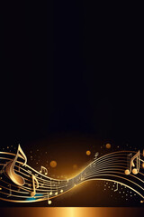 Advertising banner with empty space for text. Abstract images of musical notes and sound waves. Gold and bronze shades highlight the retro style and sparkle of the Jazz Age