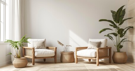 A Harmoniously Designed Warm-Toned Living Room with Cream Armchairs and a White Wall Setting