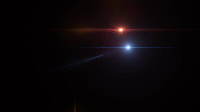 Abstract blue and orange optical shine light lens flares moving from bottom left to center animation on black background. 4K seamless loop dynamic kinetic bright star light rays effect. Star light str