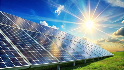 solar power panels with sun reflecting - obrazy, fototapety, plakaty