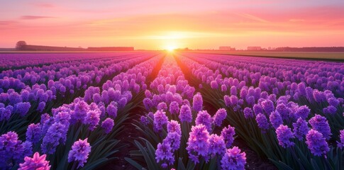 The Majestic Beauty of Hyacinth Fields in Full Bloom Under a Dazzling Sky - obrazy, fototapety, plakaty