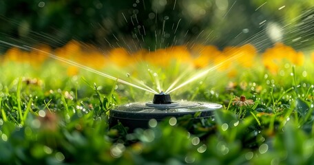 An Automatic Lawn Sprinkler System Designed to Conserve Water with Easily Adjustable Heads - obrazy, fototapety, plakaty