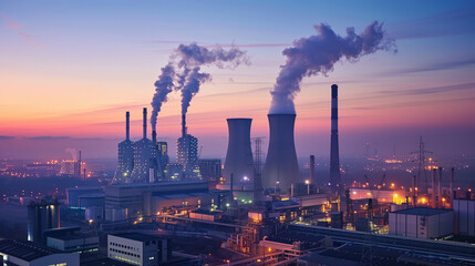 The silhouette of a power plant with smoking chimneys against a twilight sky, symbolizing energy and pollution - obrazy, fototapety, plakaty