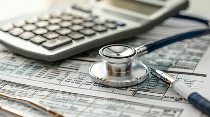 Stethoscope draped over a medical bill, with calculator and pen beside, dissecting the finances of healthcare