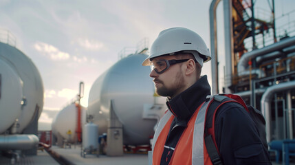 A professional engineer with protective gear stands at an industrial site, evoking themes of safety and technology in the energy sector.