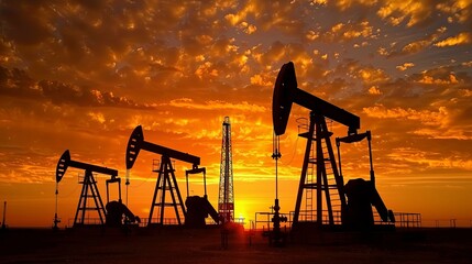 Vibrant oil fields at sunset, derricks silhouetted against the sky, showcasing the energy sector s might